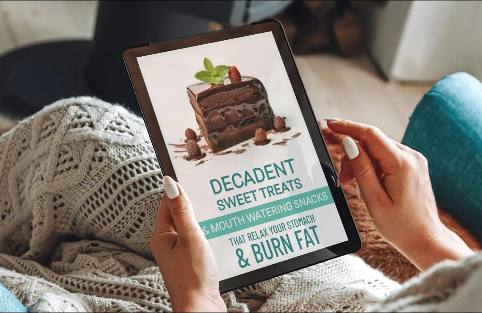 A person holds a tablet displaying a delicious dessert recipe, featuring a chocolate layer cake with raspberries and mint.