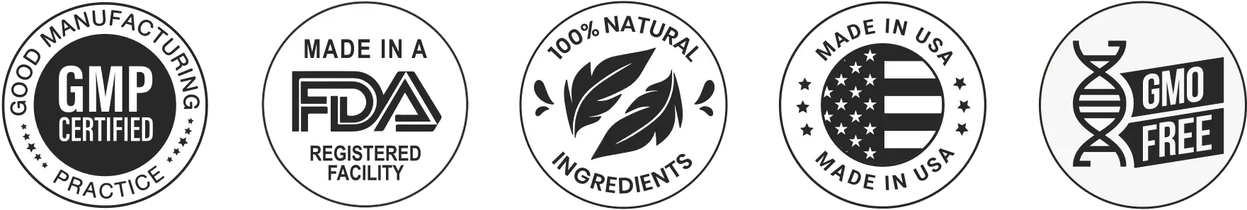 Four certification logos: GMP Certified, FDA Approved, Natural Ingredients, and GMO Free, emphasizing product quality and safety.