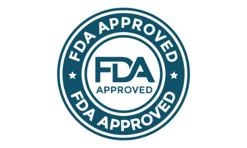 A circular seal featuring the text "FDA APPROVED" prominently displayed in a dark blue color.