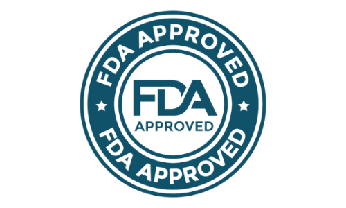 circular dark blue 'FDA approved' seal for regulatory compliance.