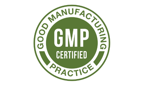 GMP Certified seal featuring "GOOD MANUFACTURING PRACTICE" in a circular green design, indicating compliance with quality standards..