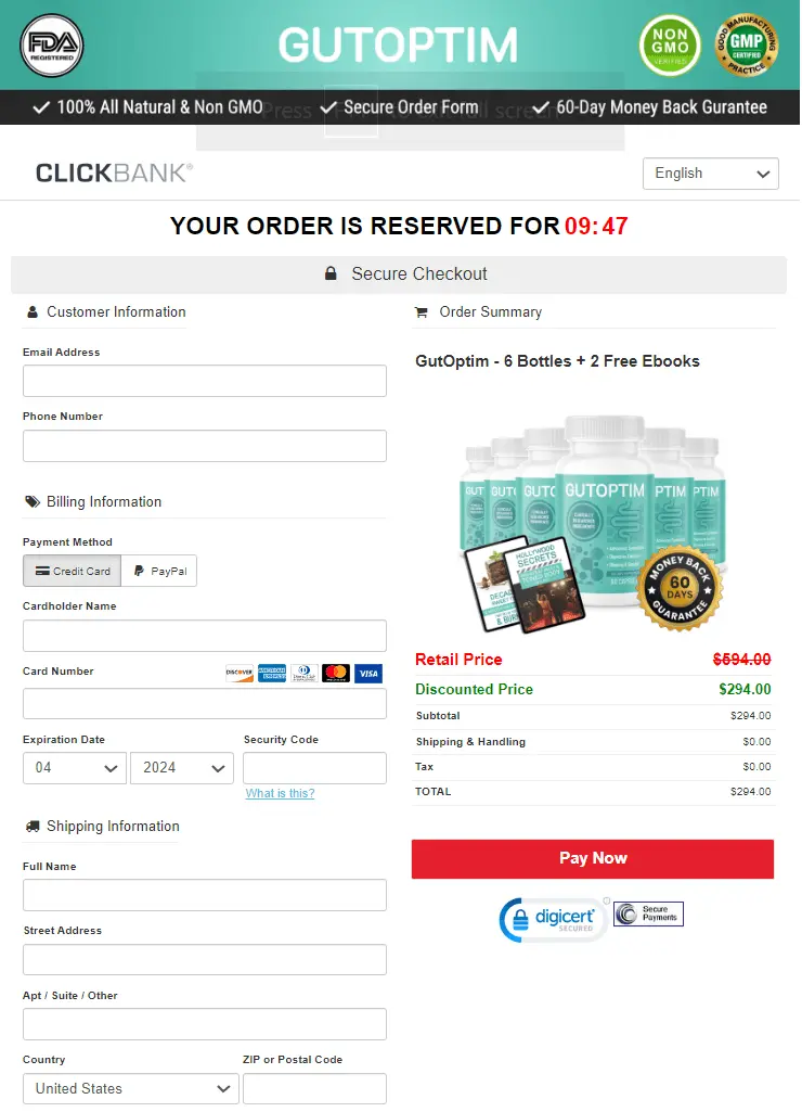 Secure checkout page for GutOptim, displaying order details, prices, and payment options with a countdown timer.