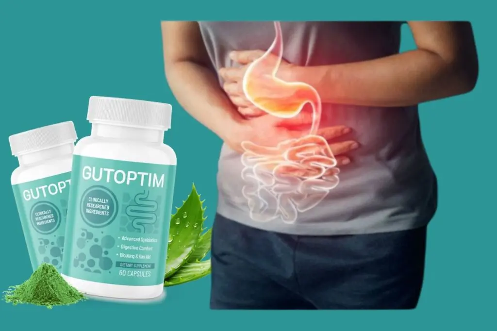 A person holding their stomach in discomfort, with GUTOPTIM supplement bottles and a digestive illustration in the background.