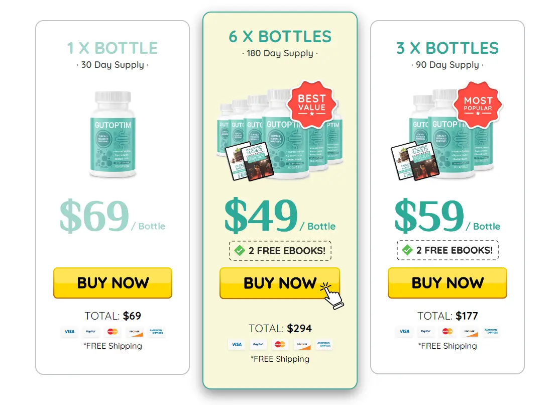 Image of three pricing options for Gutoptim bottles: 1 bottle for $69, 3 bottles for $59 each, and 6 bottles for $49 each with bonus ebooks.