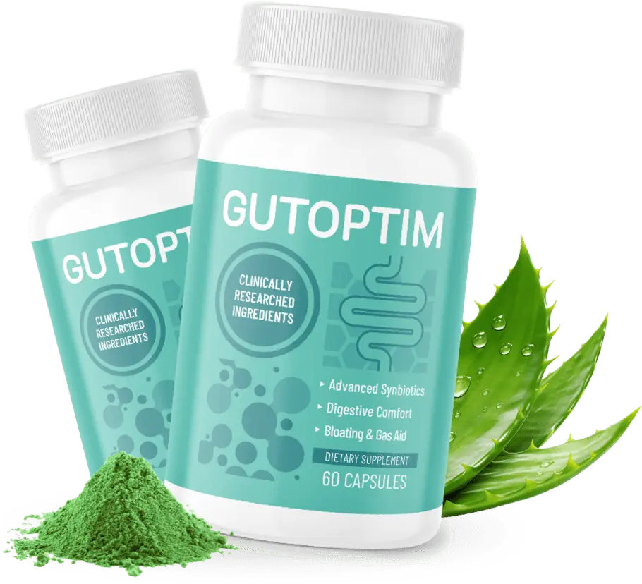 Two bottles of Gut Optim dietary supplement with 60 capsules, alongside green powder and aloe vera leaves, promoting digestive health.