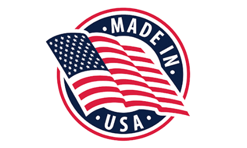 Circular badge with "Made in USA" text, featuring a waving American flag in red, white, and blue colors.