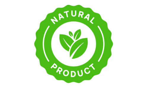 Green badge with "NATURAL PRODUCT" text and two leaf graphics, symbolizing eco-friendly and organic products.