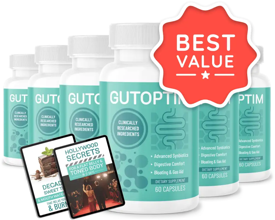 Five bottles of GUTOPTIM dietary supplements with a "Best Value" badge, alongside eBooks on healthy eating and fitness tips.