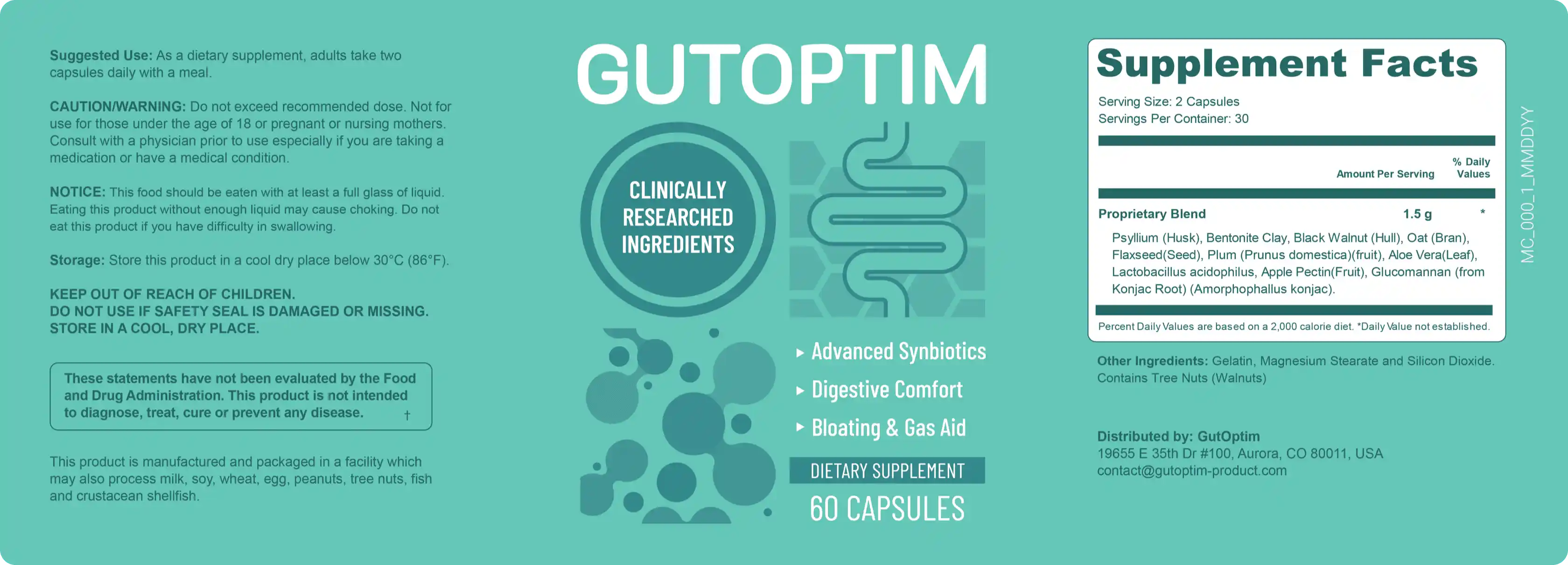 Label of GutOptim dietary supplement with suggested use, ingredients, storage instructions, and nutritional facts.