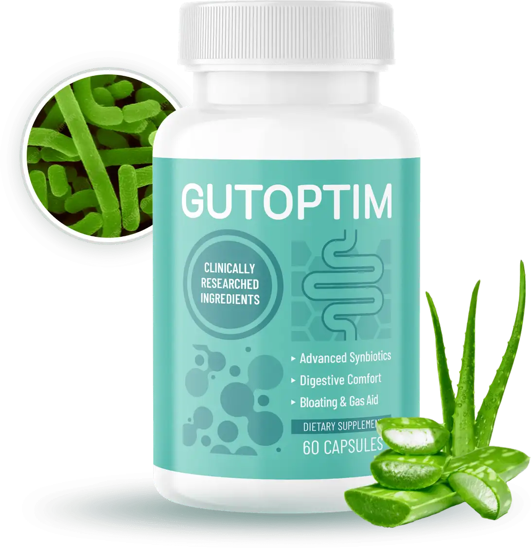 A bottle of Gutoptim dietary supplements featuring 60 capsules, with Aloe Vera and a close-up of green probiotics.